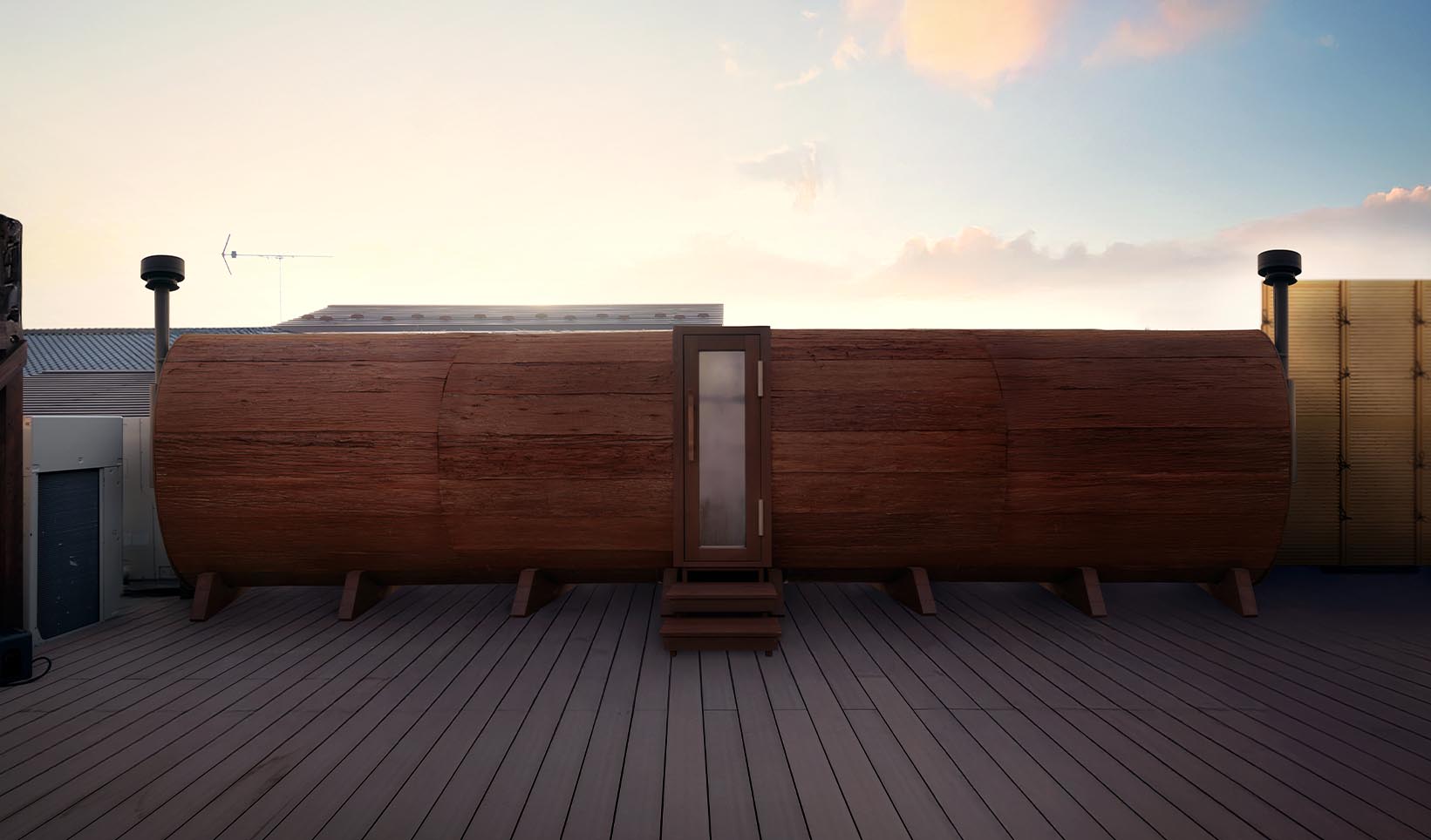 多治見 天光の湯 新サウナエリア 曼荼羅-mandara- の屋外サウナエリア 空-sora- に並ぶ最新のバレルサウナと球体サウナ